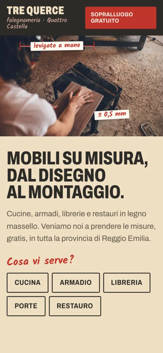 Il sito d'esempio della falegnameria Tre Querce visto dal telefono