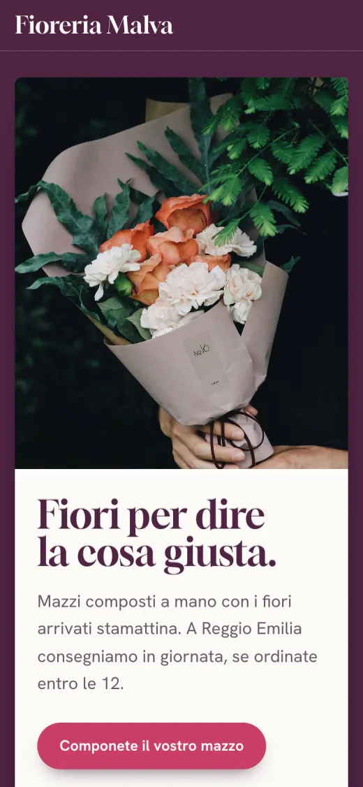 Il sito d'esempio della Fioreria Malva visto dal telefono